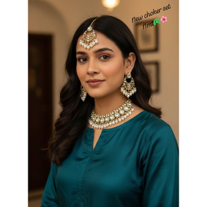 Ensemble de collier ras du cou de mariée ethnique de haute qualité plaqué or Kundan, perles en émail vert zircon, bijoux de mode de dernière conception - Product Image 1