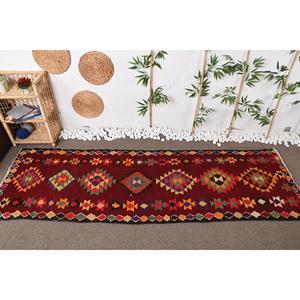 Vintage 3.1x9.5 ft Rug, Herki Turkish Rug, <b>Red</b> Camouflage <b>Wool</b> Rug - Product Image 3