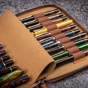 CROSS FAB 20-Pen Capacity Brown Leather Zippered Pen Case 12x10 Inches Practical and Stylish for Schools & Offices and Gifting - Product Image 1