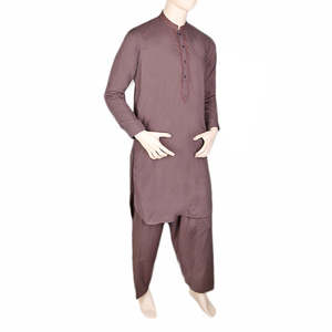 Shalwar Kameez Bordado con Cuello de Banda para Hombre - Color Café - Product Image 1