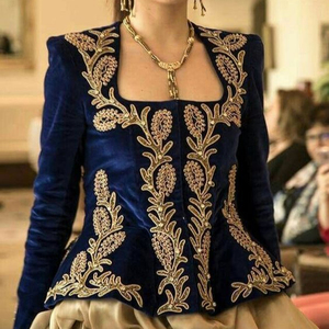 NEW--BEAUTIFUL GOLDEN-BRODERIE sur VESTE BLEU MARINE AVEC PERLES DE CRISTAL, PERLES, PIERRE DE VERRE TRAVAIL pour FÊTE @ 2023 - Product Image 1