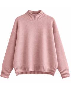 Ensemble de vêtements de détente d'hiver doux en deux pièces pour femmes, composé d'un pull en tricot surdimensionné et d'un pantalon large, en couleur rose blush - Product Image 1
