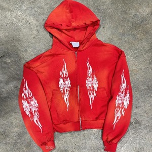 Sudaderas con capucha con cremallera de gran tamaño, ropa informal personalizada recortada con serigrafía Sun Faded Stone Wash, de algodón pesado desgastado - Product Image 3