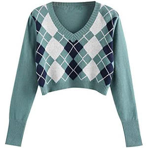 Pull en jacquard en peluche pour femme personnalisé, col en V, motif jacquard, tricot côtelé, extensible, jacquard 12 jauges, tricot en peluche pour femme - Product Image 1