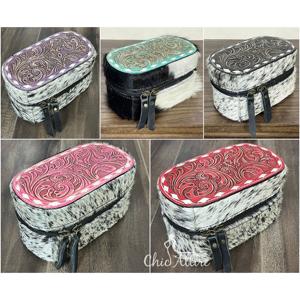 Hot <b>Sale</b> Hand Tooled Leather Oval Shape <b>Jewelry</b> <b>Box</b> with Zipper Cowhide Storing Necklace Ring Earrings Studs <b>for</b> Travel Storage - Product Image 1