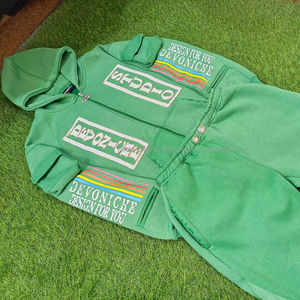 Survêtement brodé Patch en détresse de couleur verte pour homme Vintage Streetwear Flare et ensemble de survêtements à capuche effet Vintage - Product Image 1