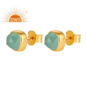 <b>Small</b> Cushion Shape 925 <b>Silver</b> <b>Studs</b> Gold Plated Jewelry Aqua Chalcedony Gemstone <b>Stud</b> Earrings Manufacture Classic Collection - Product Image 3