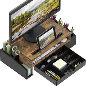 Soporte de escritorio para monitor con bandeja organizadora ajustable, organizador de carpetas de archivos de escritorio de madera marrón rústica, organizador de soporte clasificador - Product Image 2