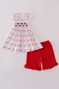 Soft Cotton 2-Piece <b>Toddler</b> Outfit for <b>Girls</b> Bow Embroidery Smocked <b>Shorts</b> Set Ruffle Details Summer Baby <b>Girl</b> Clothing Sets - Product Image 3