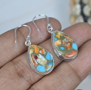 ต่างหูตะขอเกี่ยวอัญมณีสีเงินสเตอร์ลิงสีทองแดงหอยนางรมสีเทอร์ควอยส์925พลอยทำด้วยมือเครื่องประดับพลอยรูปทรงลูกแพร์ - Product Image 4