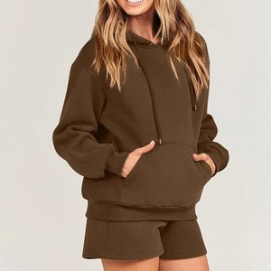 OEM Custom Design <b>Women's</b> Winter Knee Length <b>Long</b> Hoodies and <b>Shorts</b> Set Solid Pattern Knitting Fabric with Vintage Decoration - Product Image 1