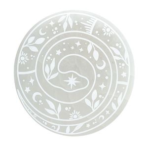 Placa de Carga de Selenita Pulida (3 pulgadas/4 pulgadas) con Grabado Floral de Luna Yin Yang, Disco de Cristal Blanco Natural para Meditación en el Hogar - Product Image 1