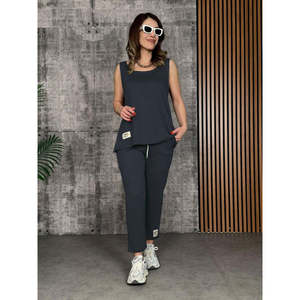 Conjunto de Dos Piezas para Mujer, Blusa de Viscosa con Tirantes y Cuello Redondo, Pantalones Deportivos, 35783 - Gris - Product Image 1