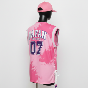 Women Basketball Jersey High Quality 180 GSM Breathable Polyester Mesh Pink <b>Tie</b> <b>Dye</b> Rib Arm Panel Custom Logo Cotton - Product Image 5