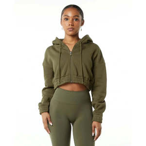 Sweat à capuche court à fermeture éclair intégrale Willow pour femme, style oversize à épaules tombantes, coupe courte, 55% coton, 45% élasthanne - Product Image 1