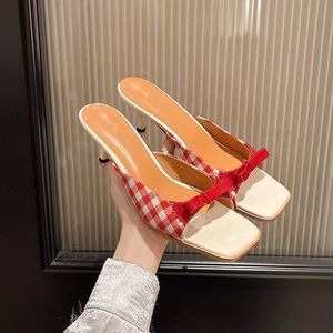 2026 Hot Cute Red Plaid Bow Detail Kitten Heel <b>Slides</b> Square Toe Open Back Summer Sandals - Product Image 6