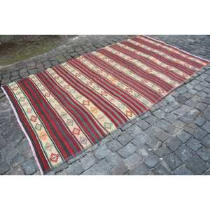 Alfombra Vintage turca Kilim rojo Beige 5,1X9,7 pies 10mm respaldo de látex de lana patrón de rayas de retazos para sala de estar pasillo nuevo - Product Image 3