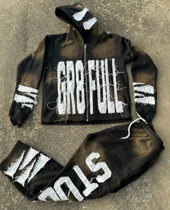 Personalizado apliques bordados Patchwork Logo Jogging 2 piezas conjunto desgastado sudaderas con capucha chándal en blanco diseñador chándales para hombres - Product Image 1