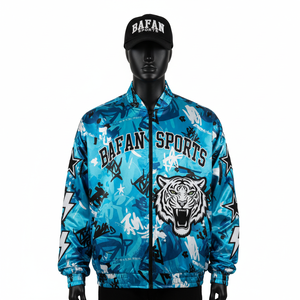 Blouson bombardier en satin 220GSM de haute qualité imprimé Street Art bleu avec broderie de tigre Blouson bombardier en satin avec logo personnalisé pour homme - Product Image 1