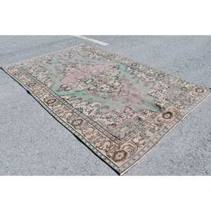 Alfombra Turca Vintage de 6.3 x 9.7 pies, Verde Beige, Tejido Plano, Lana Ecológica, Pelo Medio, Diseño de Patchwork, Decoración para Sala de Estar - Product Image 2