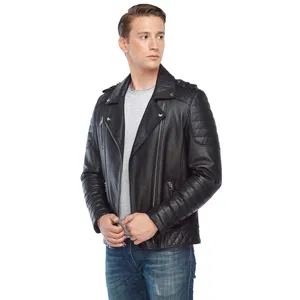Chaqueta de cuero de motorista personalizable al por mayor de alta calidad para hombre, cuello levantado, cuero Real con material de tela de plumón para motocicletas - Product Image 4