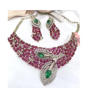 High Quality Designer <b>Gold</b> Plated CZ Stones Look Necklace <b>Set</b> With <b>Earrings</b> for Wedding Modern Wear Collection For Women - Product Image 1