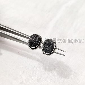 Pendientes de Botón para Mujer, Turmalina Negra Natural en Bruto, Joyería Hecha a Mano para Navidad o Cumpleaños, Plata de Ley 925 - Product Image 4