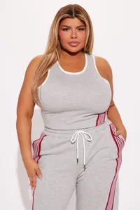 Ever Glow Women Plus Size Gray Gothic Polyester/Cotton Tracksuit <b>Set</b> Sleeveless <b>Crop</b> <b>Top</b> Pants Casual Regular Fit Drawstring - Product Image 6