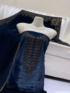 Ssumaira <strong>Unstitched</strong> Velvet Suits <strong>Fabric</strong> High Quality 9000 Micro Velvet Hand Work Heavy Stone 4 Cut DMC Stone 2 Pc Shirt Shawl - Product Image 2
