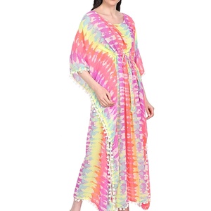Robe longue multicolore à imprimé Tie Dye, caftan Georgette, robe de plage pour femmes, taille libre avec pompons en dentelle - Product Image 1