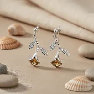 925 Silver Citrine Leaf Earrings <b>Gold</b> Vintage Freshwater Pearl Diamond <b>Gold</b> Pearl Floral Heart Shape for Women's Daily Wear - Product Image 3