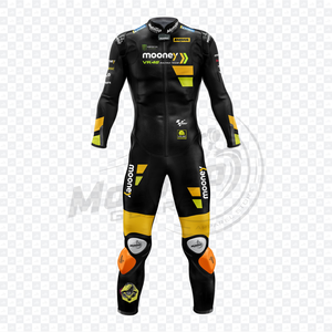 Combinaison de course moto Marco Bezzecchi MotoCP Mooney VR en cuir noir 1 pièce, piste/route, cuir de vache/kangourou, Traje niveau 2 - Product Image 1