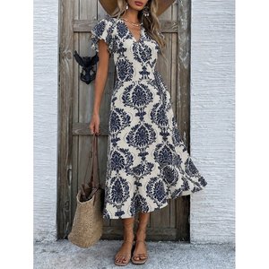 Women's Short Sleeve <b>Wrap</b> Neck Tie-Waist Patterned Interlock Midi Dress, 34769 - <b>Navy</b> Blue - Product Image 2