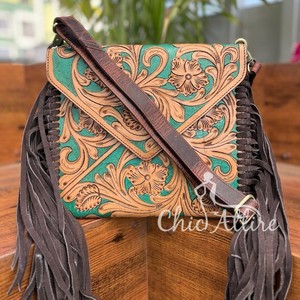 Bolsos con flecos grandes de cuero verde de estilo occidental, superventas, monederos compactos de diseño de alta calidad para mujer, novedad - Product Image 1