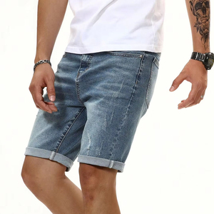 Pantalones cortos de mezclilla de cintura media informales de tendencia de moda de verano para hombre, patrón de puntos de lona, lavado oscuro, bolsillo desgastado, dobladillo de pie bordado 100% - Product Image 3