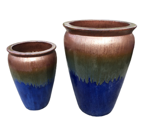 [Leo Nguyen Le] - Juego de 2 Macetas Grandes de Cerámica Azul Glaseado para Plantas Gigantes, para Jardín Exterior e Interior - Product Image 1