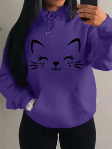Sudadera con Capucha para Mujer, Diseño Simple con Estampado de Gato Feliz, Moda Casual, Estilo Urbano, Personalidad Hip Hop, Sudadera de Forro Polar Moderna - Product Image 2