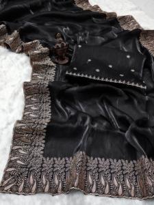 Lancement d'une nouvelle soie Dola pure avec broderie de créateur de tissu à base de fantaisie, grossiste de saris à bordure travaillée par - Product Image 3