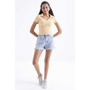 Tommylife Vente en gros T-shirt court basique à col polo et manches courtes pour femme - 97208 - MELON - Product Image 2