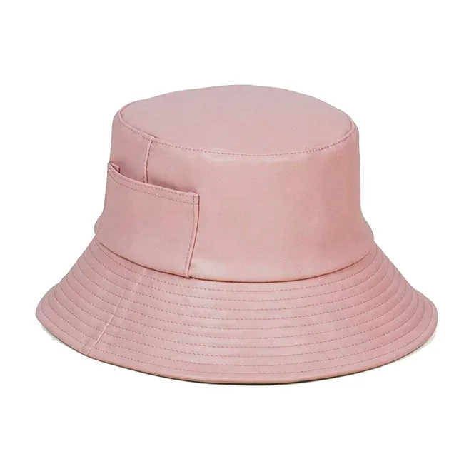 Wholesale Logo Custom Hip Pop Fashion Metallic Leather Hat Fisherman Hats For Women's Wave Faux-Leather Bucket Hat For Women