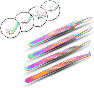 Pinzas de extensión de pestañas Juego de 4 piezas Pinzas de pestañas de precisión para extensiones de pestañas Acero, agarre de diamante, punta de fibra por H/N - Product Image 6