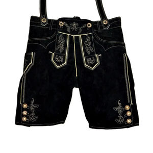 Lederhosen หนังนิ่มสไตล์บาวาเรียของผู้ชายแบบดั้งเดิมปักด้านหน้าแบน - Product Image 1