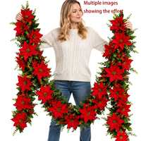 Guirlande de Noël artificielle en poinsettia et eucalyptus, illuminée, rouge et verte, 180 cm, décoration durable pour porte et escalier