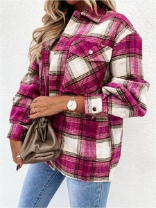 Chemise en flanelle à carreaux rétro à la mode pour femmes veste surdimensionnée à manches longues Style moto poche poitrine respirant Plaid Shacket - Product Image 6