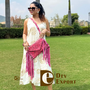 Bolso de mano con flecos personalizado al por mayor, bolso de cuero auténtico tallado a mano, bolso bandolera de color rosa, bolsos elegantes occidentales - Product Image 1