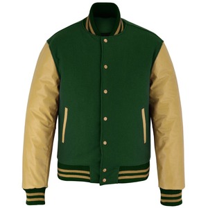 Chaqueta Varsity de Lana Verde con Mangas de Cuero Dorado, Tendencia 2026, OEM, para Hombre, Alta Calidad, MOQ Bajo, Chaquetas de Invierno Calefactables - Product Image 1