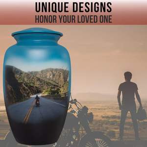 Urna funeraria de motocicleta con escena de montaña, urna de cremación para cenizas humanas, aluminio adecuado para entierro de cementerio, urna de tamaño personalizado - Product Image 2