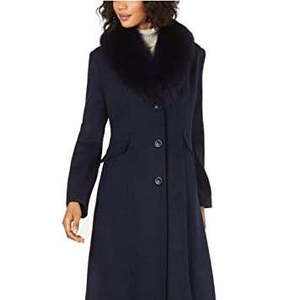 Cappotto Lungo da Donna Blu Navy Taglia 4 con Collo in Pelliccia di Volpe e Decorazioni a Bottoni, in Lana e Pelliccia Sintetica Tinta, con Chiusura a Cerniera - Product Image 3