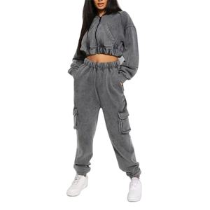 Ensemble 2 pièces décontracté femme effet délavé à l'acide, comprenant un crop top zippé à manches longues et un legging taille haute assorti, idéal pour l'automne et le fitness 2026 - Product Image 1