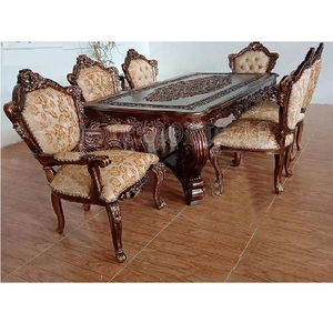 Antique Traditional Style Dining <b>Table</b> Set European Hand Carved Dining Room Furniture <b>Walnut</b> Finish 6 Seater Dining <b>Table</b> Set - Product Image 1